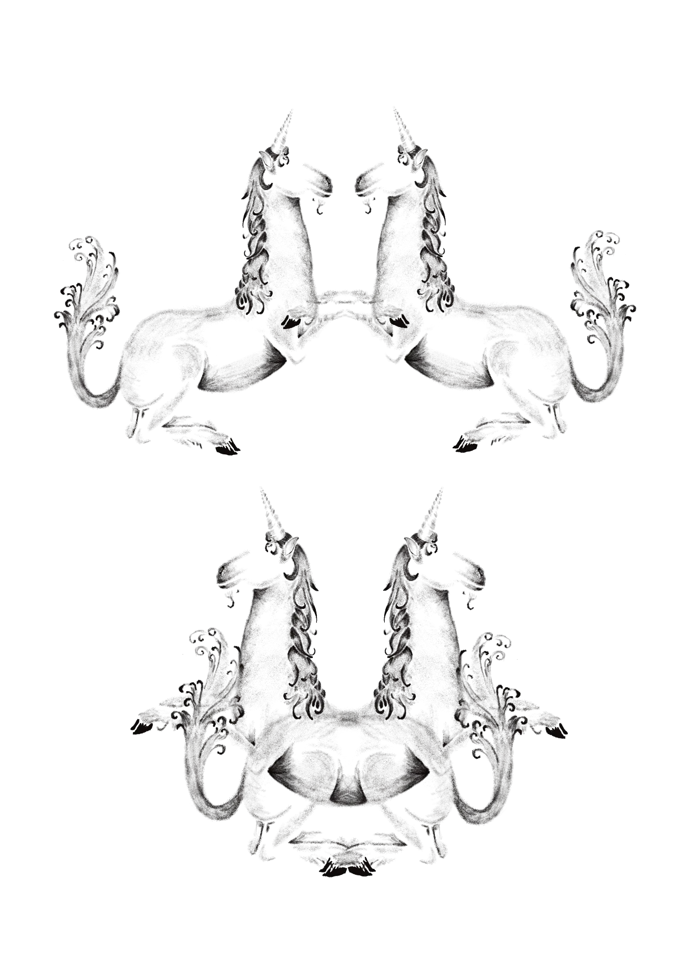 Two mirrored unicorn compositions with scrolled filigree tails