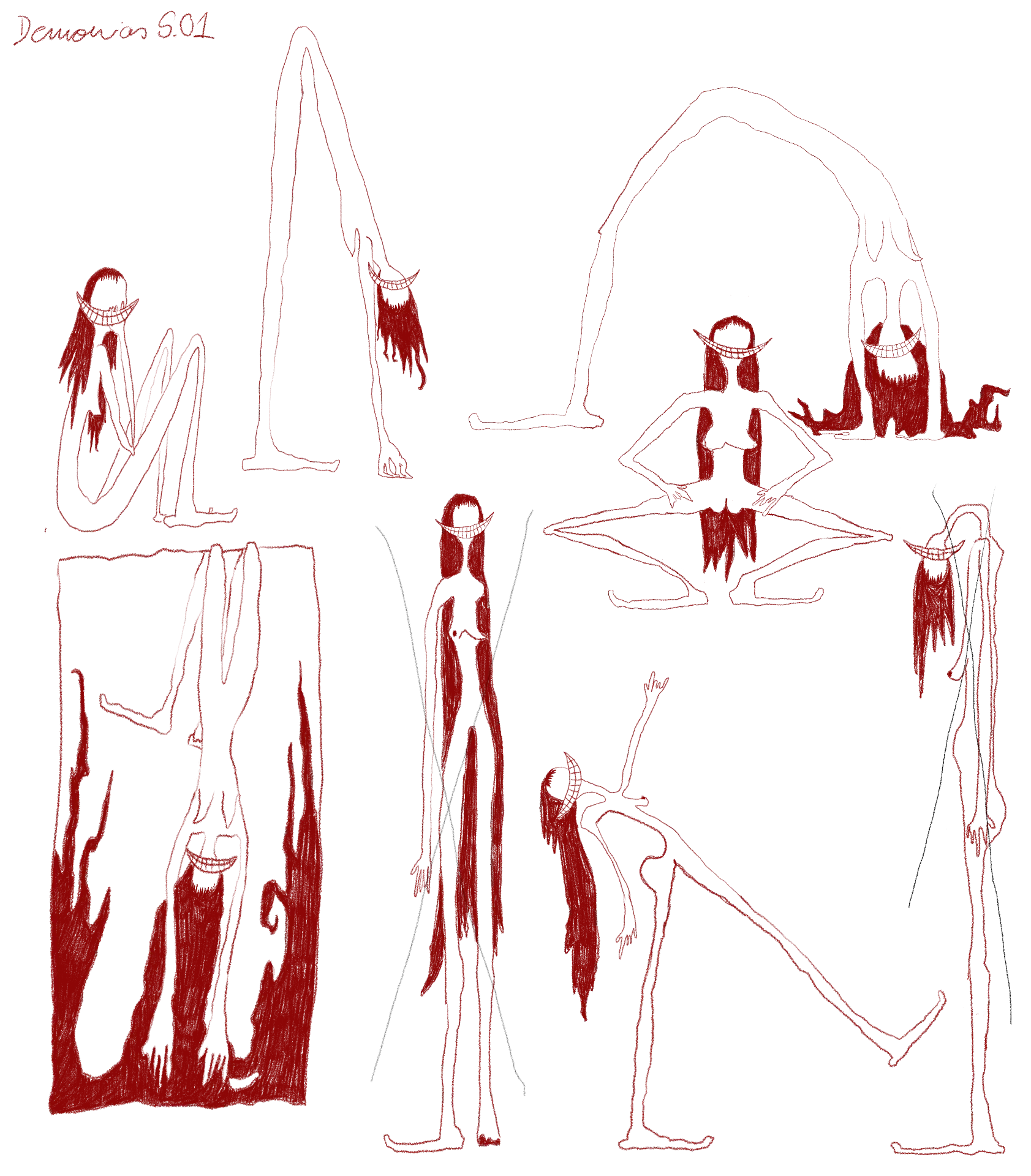 Red sketched elongated figures with long hair