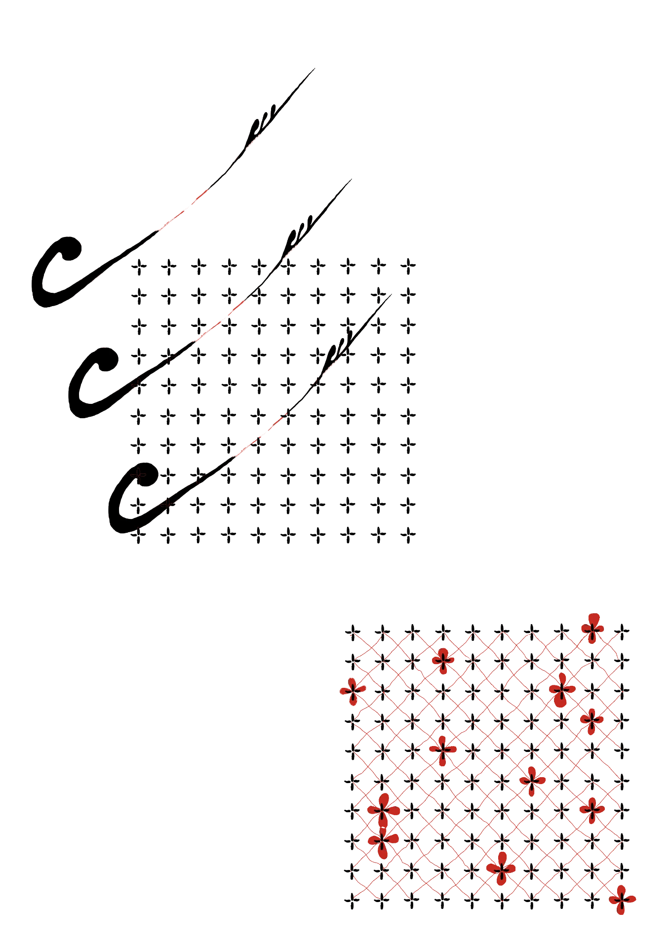 Black and red cross-grid pattern with calligraphic strokes