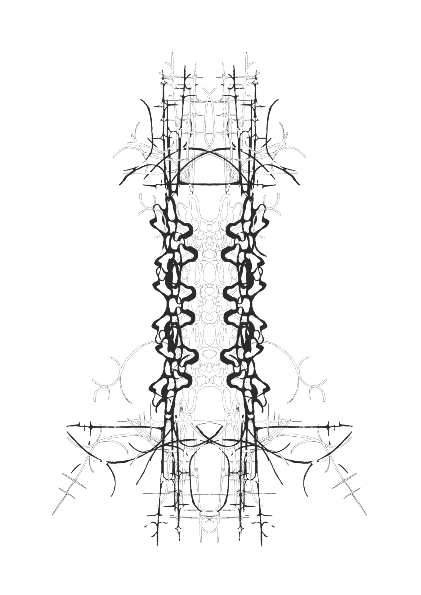 Symmetrical architectural ink column with thorn-like flourishes