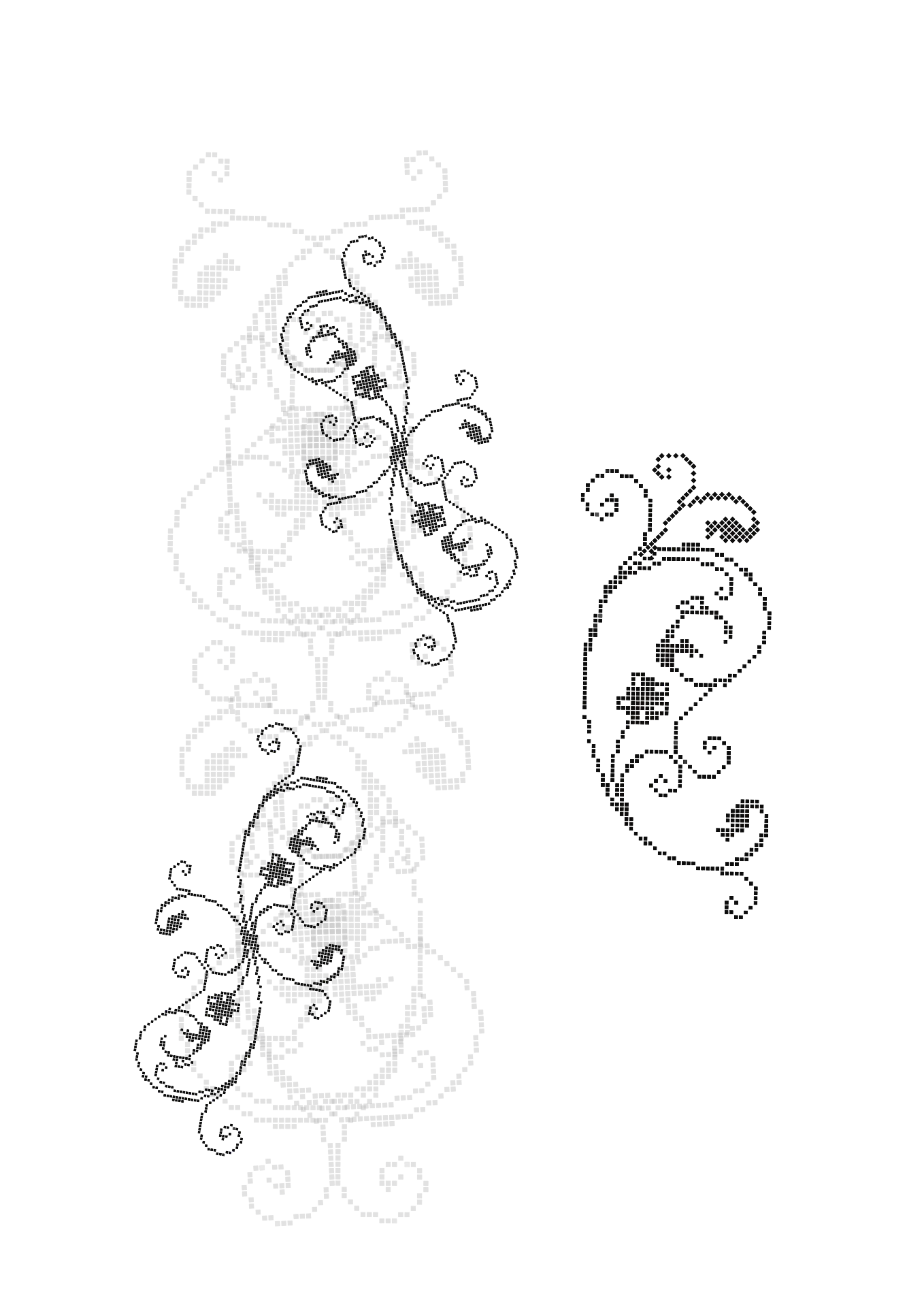 Pixelated ornamental butterfly scrolls