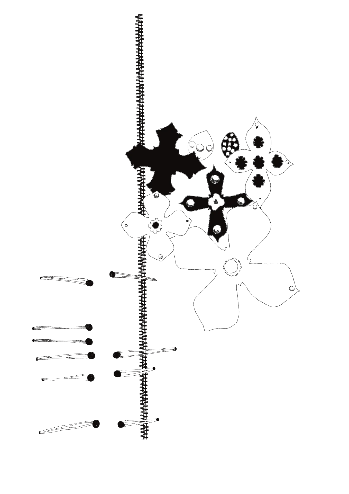 Zipper, crosses and matchsticks drawn in fine black line