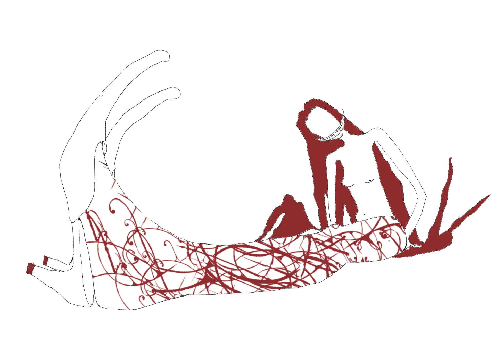 Reclining figure with red ornamental patterns