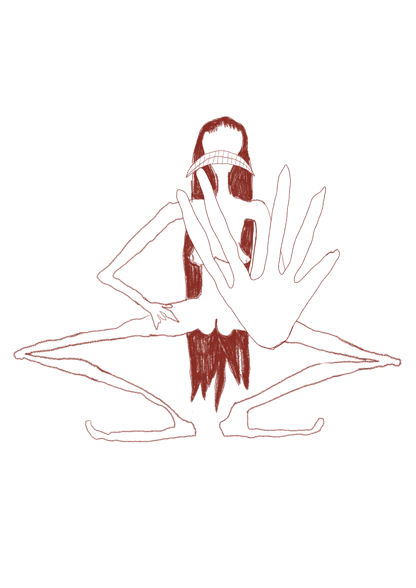 Seated figure in red line with raised hand